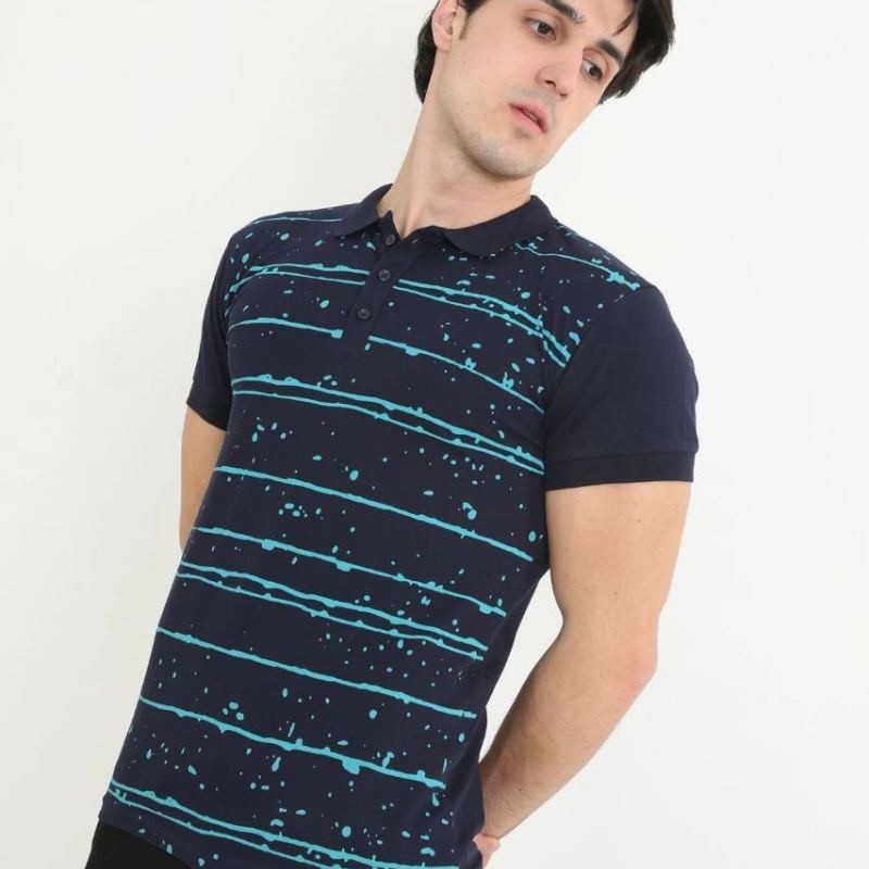 Erkek polo Yaka tişört Slim Fit Pike Çizgili  Kısa kol T-Shirt - Lacivert